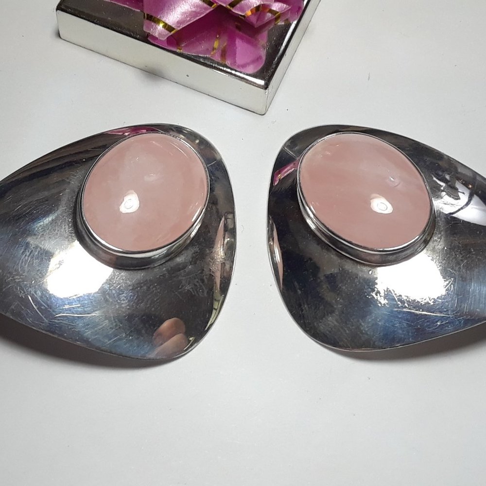 Estate Large Oval Rose Quartz & Sterling Silver Framed Re've Post Earrings#16008